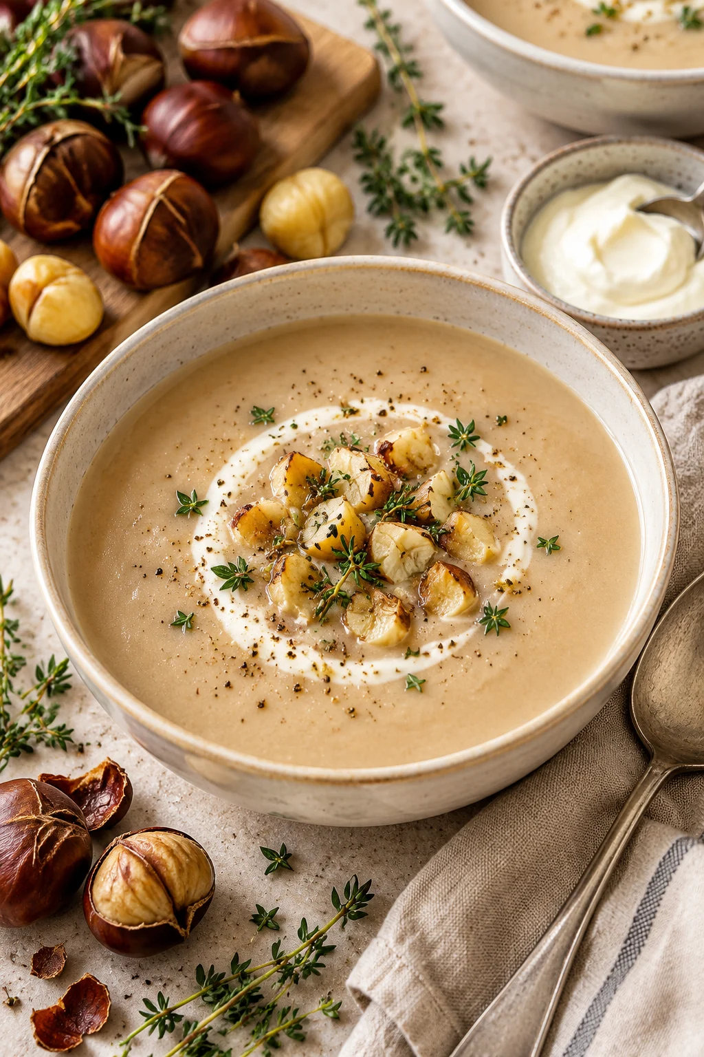 Cremige Maronensuppe in weißer Schale mit frischem Thymian garniert