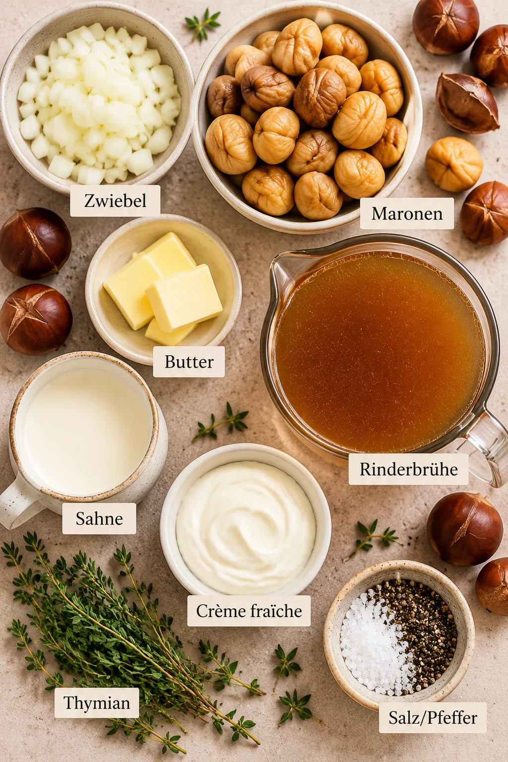 Beschriftete Zutaten für Maronensuppe auf hellem Untergrund