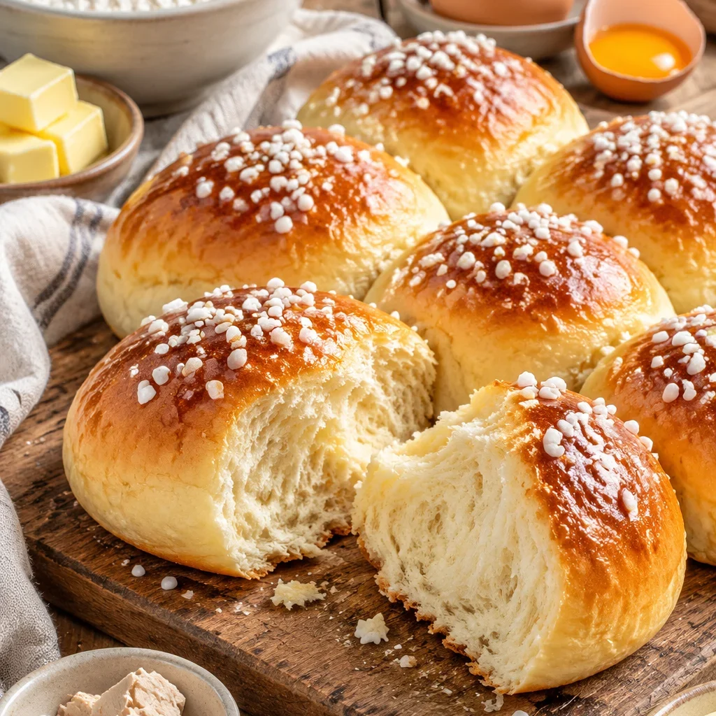 Milchbrötchen frisch gebacken auf einem Tisch