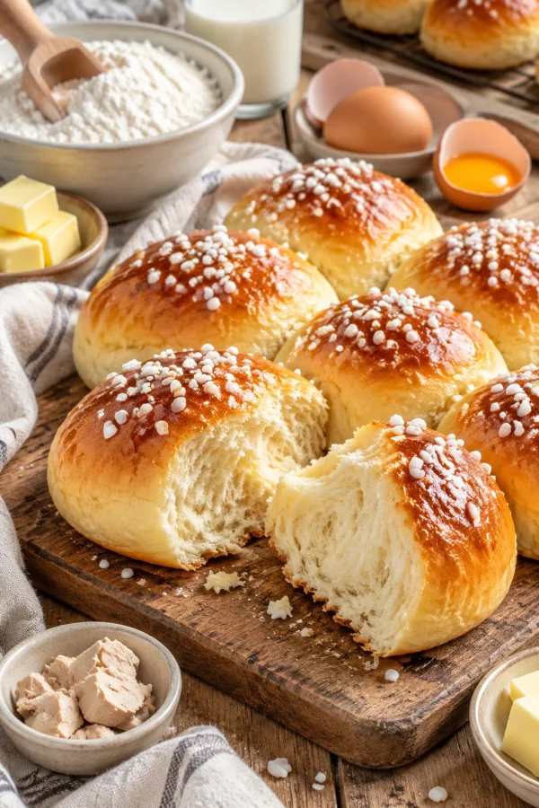 Milchbrötchen frisch gebacken auf einem Tisch