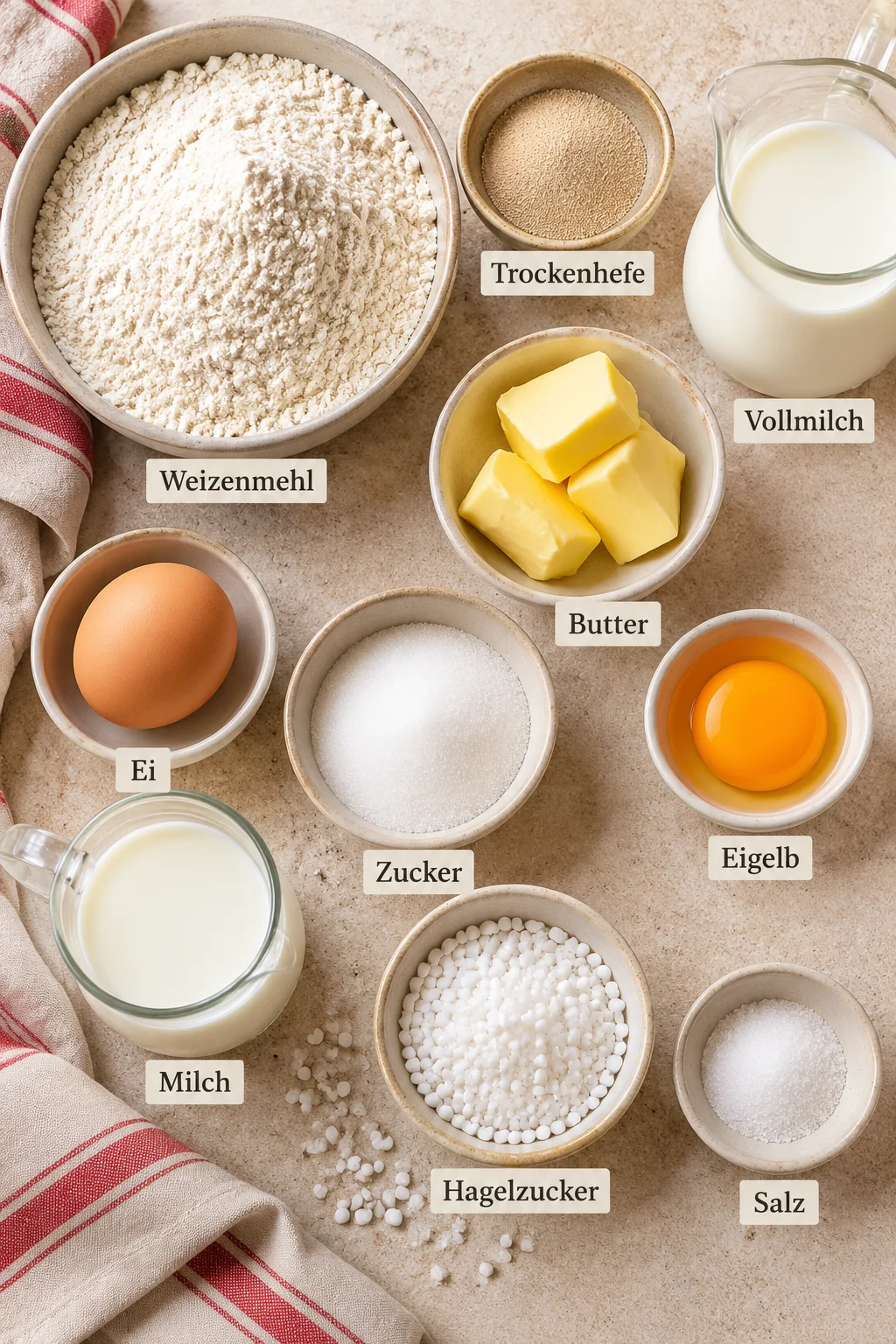 Beschriftete Zutaten für Milchbrötchen