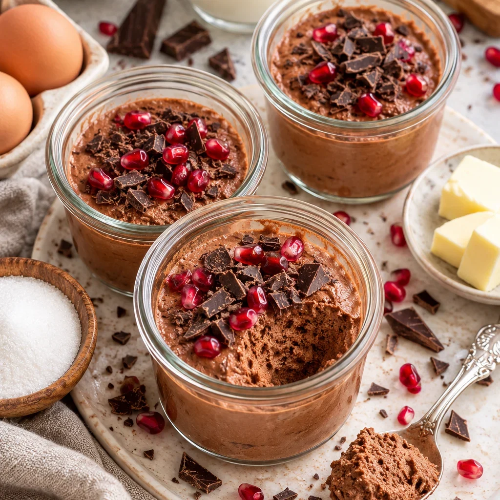 Mousse au Chocolat in einer stilvollen Präsentation mit Zutaten