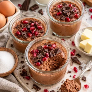 Mousse au Chocolat in einer stilvollen Präsentation mit Zutaten