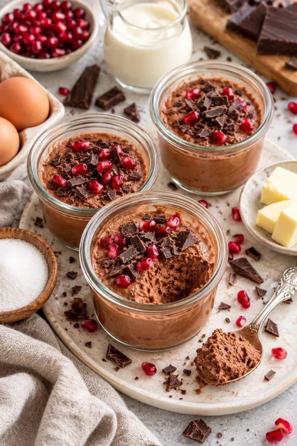 Mousse au Chocolat in einer stilvollen Präsentation mit Zutaten