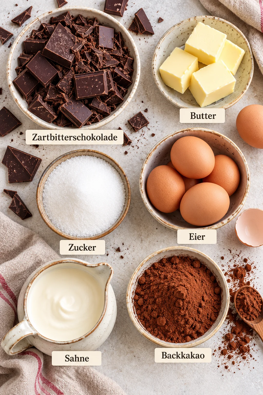 Beschriftete Zutaten für Mousse au Chocolat