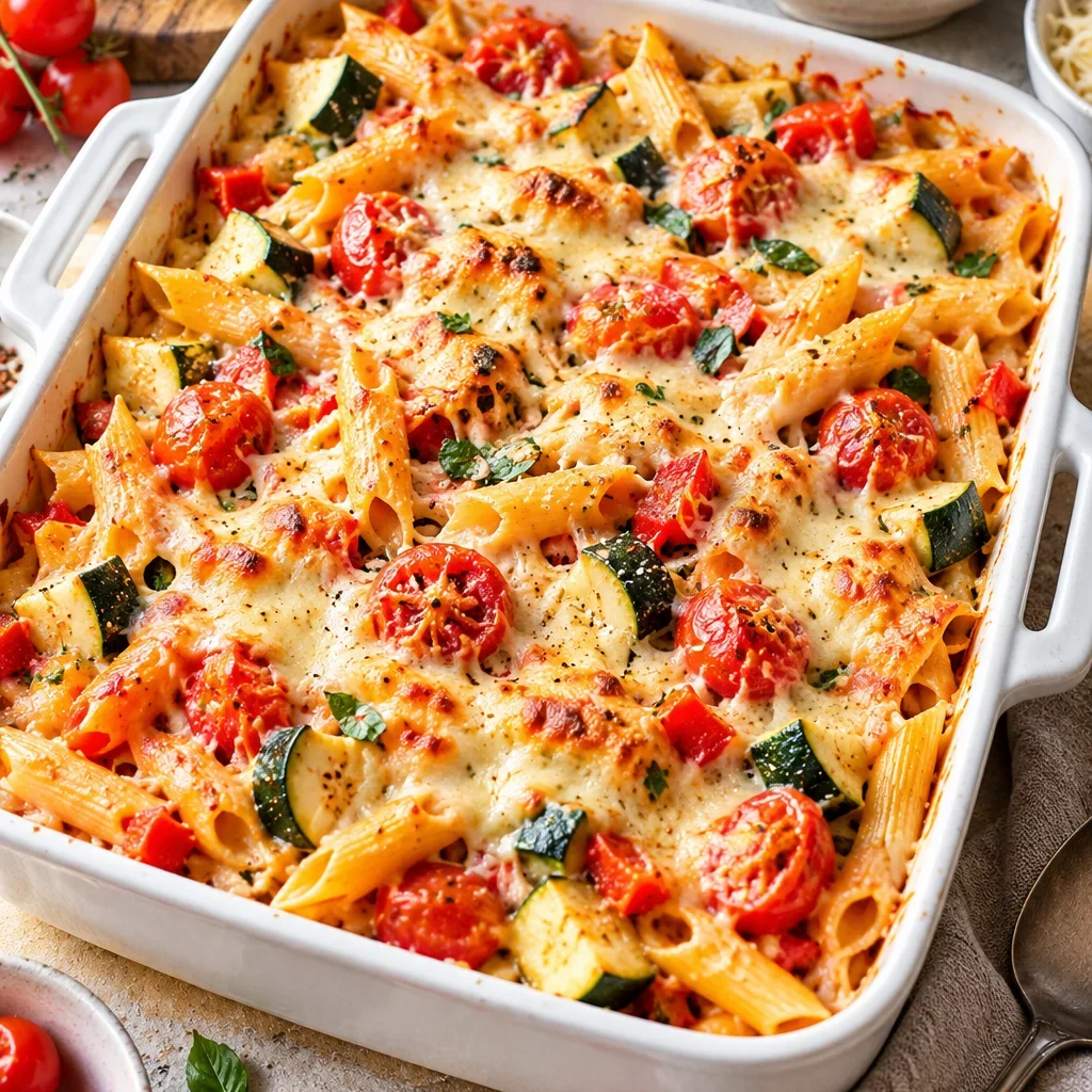 Cremiger Nudelauflauf vegetarisch mit Gemüse und Käse, goldbraun überbacken