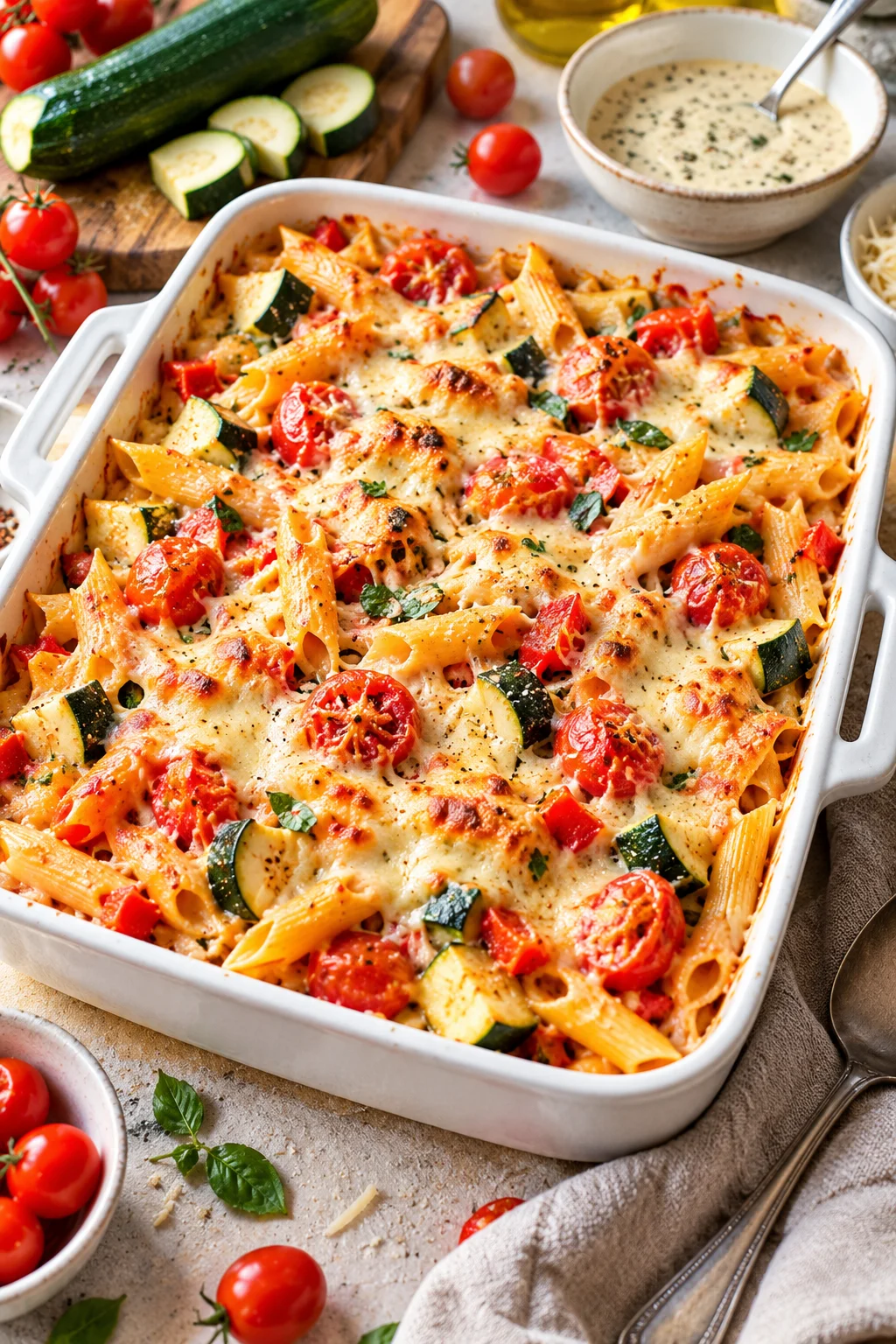Cremiger Nudelauflauf vegetarisch mit Gemüse und Käse, goldbraun überbacken