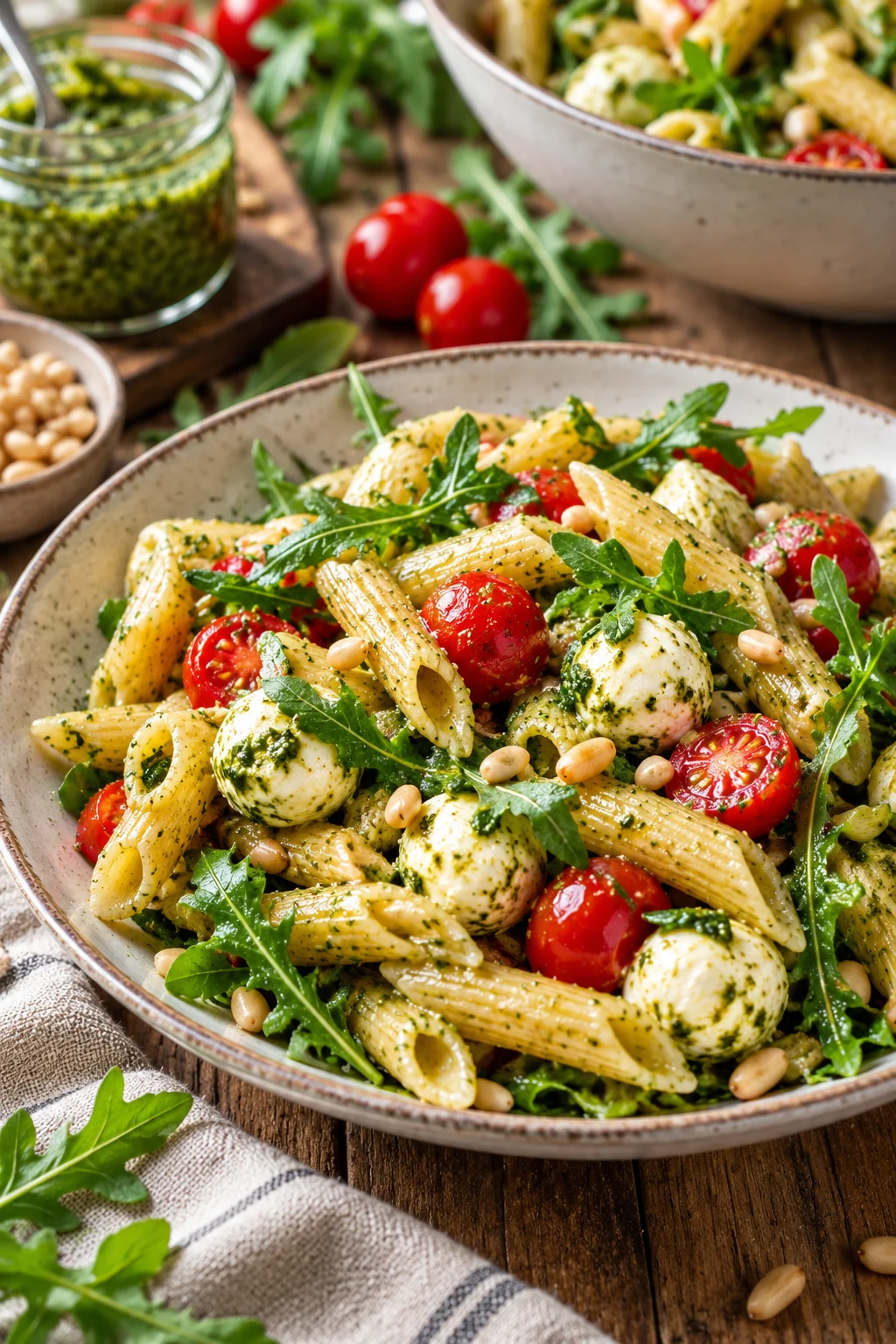 Nudelsalat mit Pesto serviert am Küchentisch