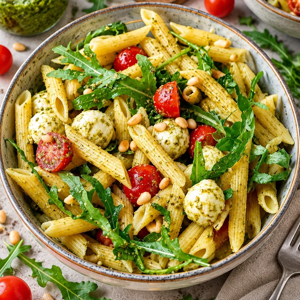 Nudelsalat mit Pesto, Tomaten, Rucola und Mozzarella