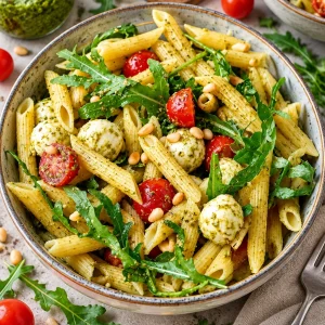 Nudelsalat mit Pesto, Tomaten, Rucola und Mozzarella
