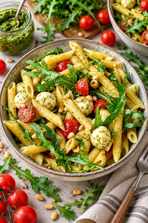 Nudelsalat mit Pesto, Tomaten, Rucola und Mozzarella