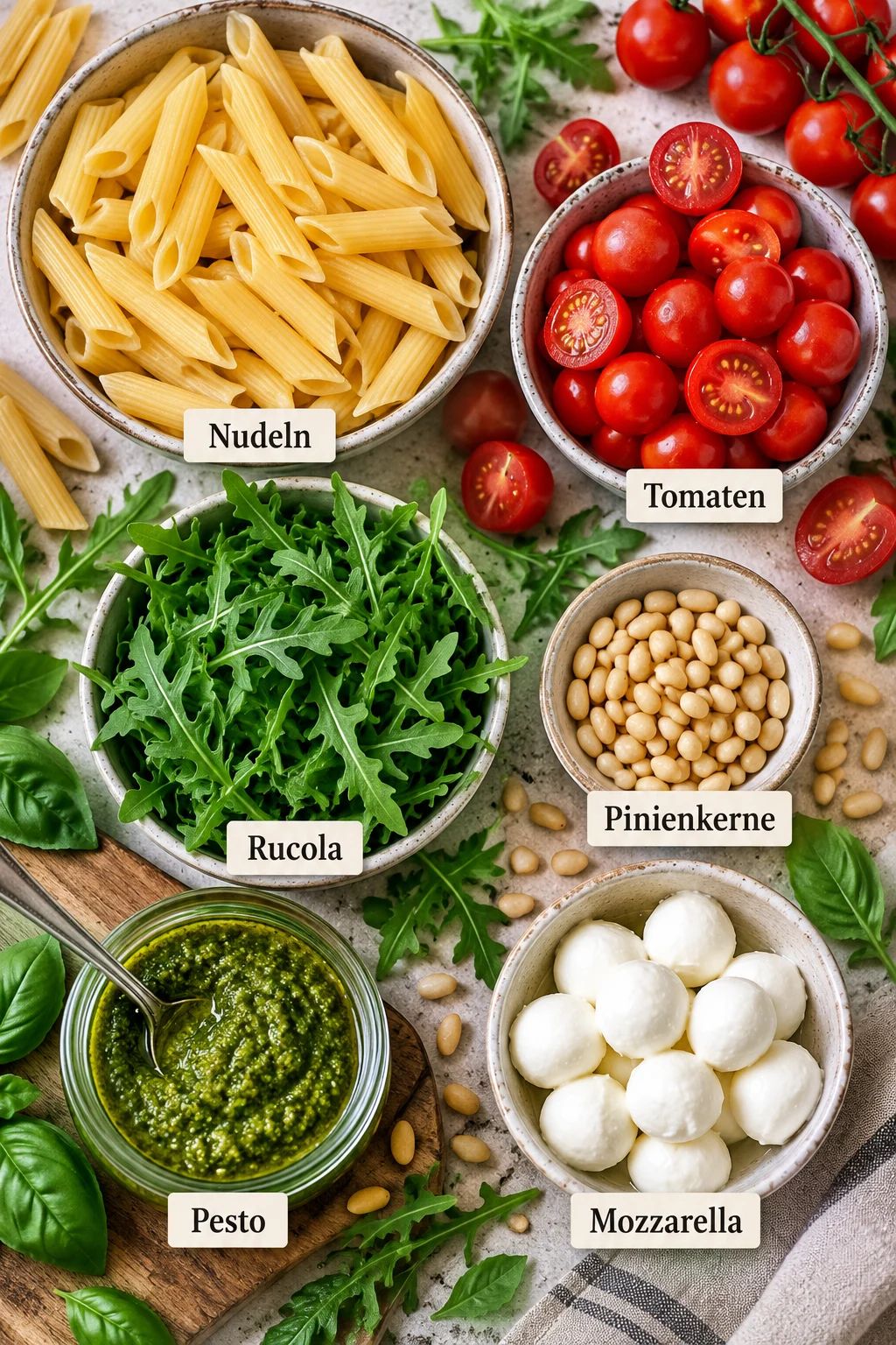 Beschriftete Zutaten für Nudelsalat mit Pesto