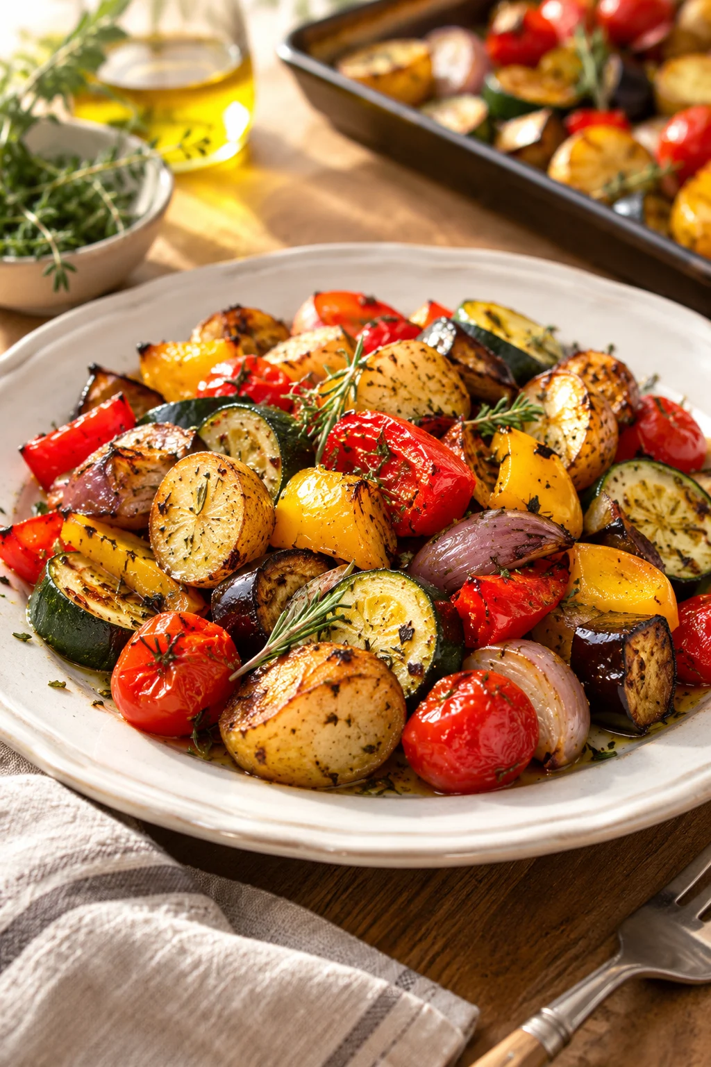 Nahaufnahme von knusprigem Ofengemüse vom Blech mit Kartoffeln und Paprika