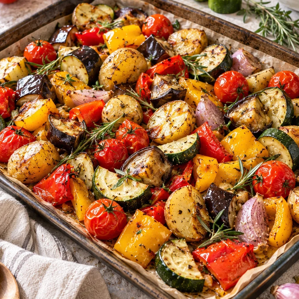 Knuspriges Ofengemüse vom Blech mit Kartoffeln, Paprika und Zucchini