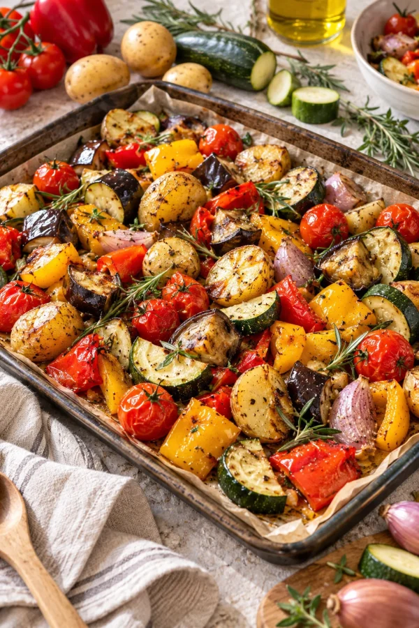Knuspriges Ofengemüse vom Blech mit Kartoffeln, Paprika und Zucchini