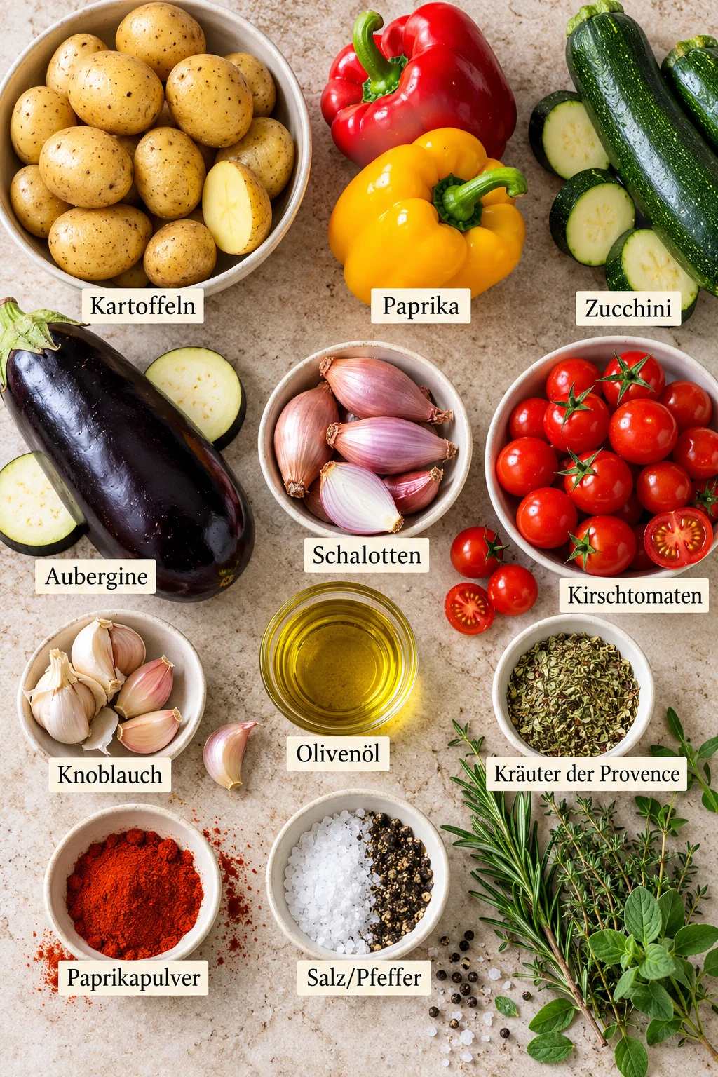 Beschriftete Zutaten für Ofengemüse vom Blech mit Kartoffeln und Paprika