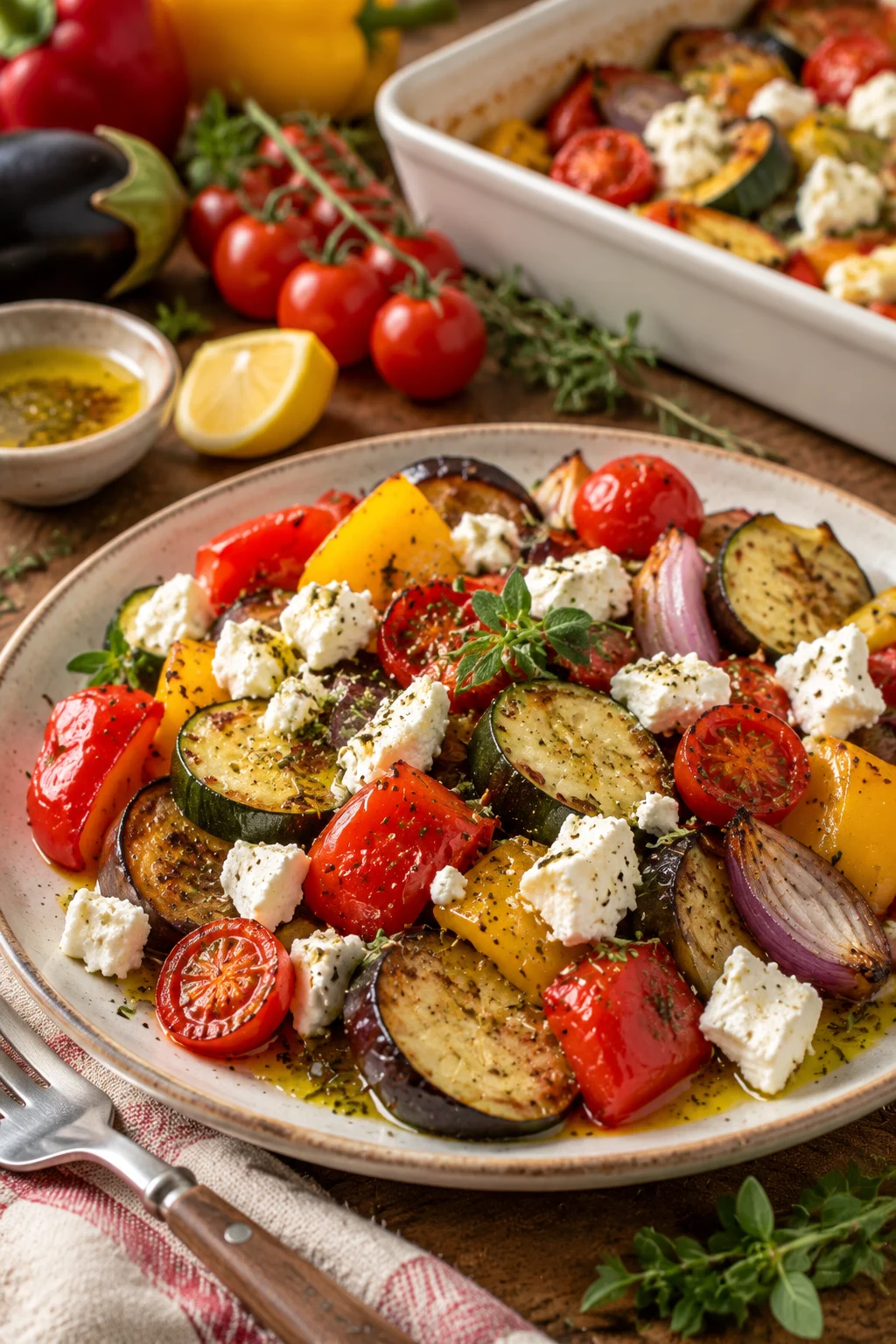 Ofengemüse mit Feta serviert auf einem rustikalen Tisch.