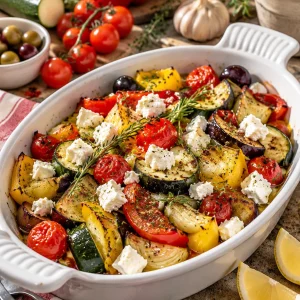 Ofengemüse mit Feta auf einem Teller, umgeben von frischen Zutaten.