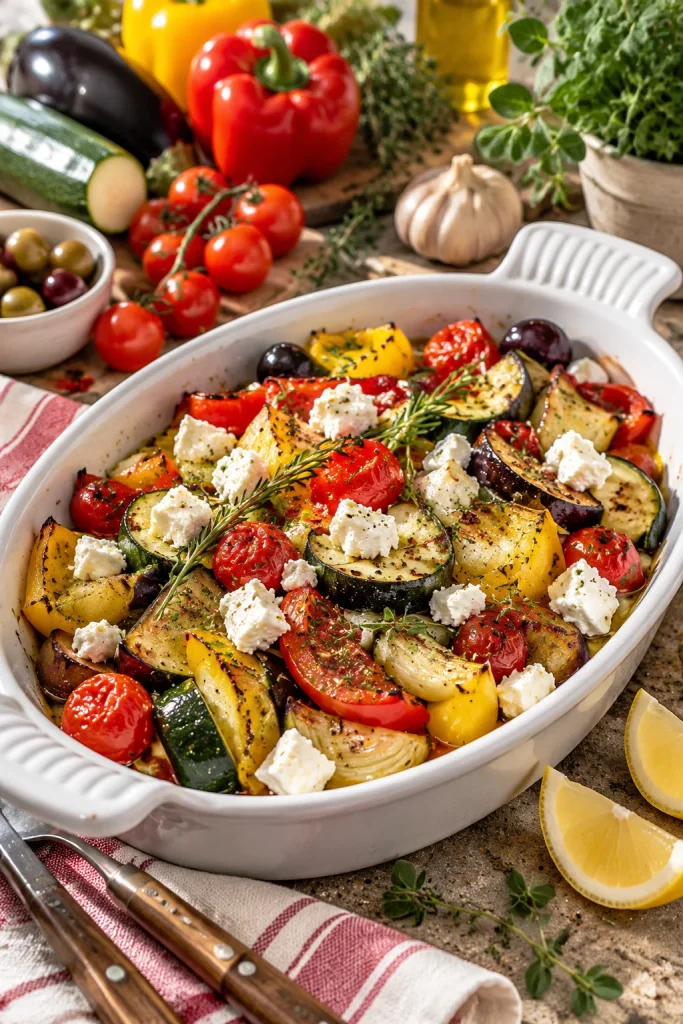 Ofengemüse mit Feta auf einem Teller, umgeben von frischen Zutaten.
