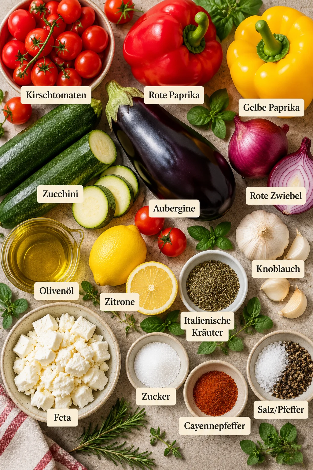 Beschriftete Zutaten für Ofengemüse mit Feta.