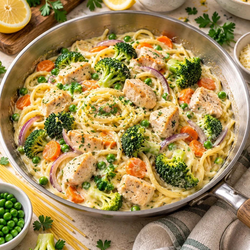 One Pot Pasta mit Brokkoli, Möhren, Putenbrust und Schlagsahne auf einem Teller