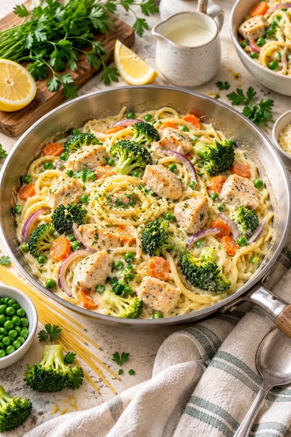One Pot Pasta mit Brokkoli, Möhren, Putenbrust und Schlagsahne auf einem Teller