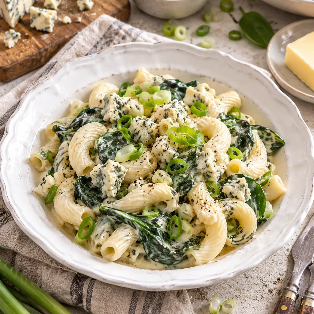 Cremige Pasta mit Spinat und Gorgonzola auf einem Tisch