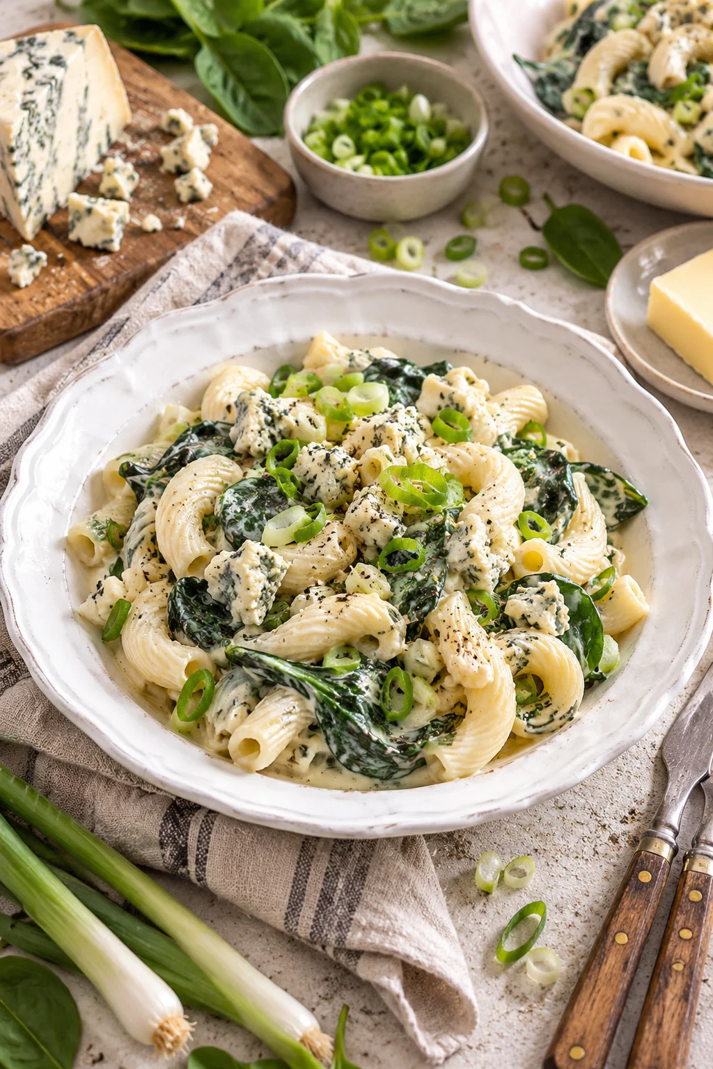 Cremige Pasta mit Spinat und Gorgonzola auf einem Tisch