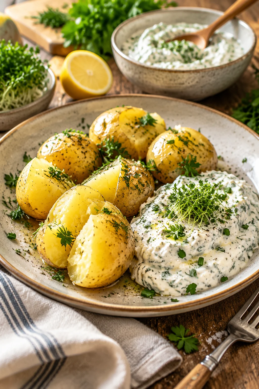 Nahaufnahme von Pellkartoffeln mit Kräuterquark