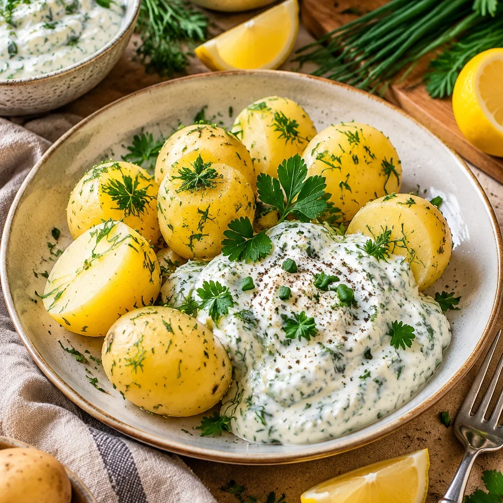 Pellkartoffeln mit Kräuterquark auf einem Tisch
