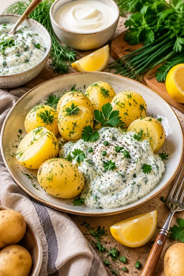 Pellkartoffeln mit Kräuterquark auf einem Tisch