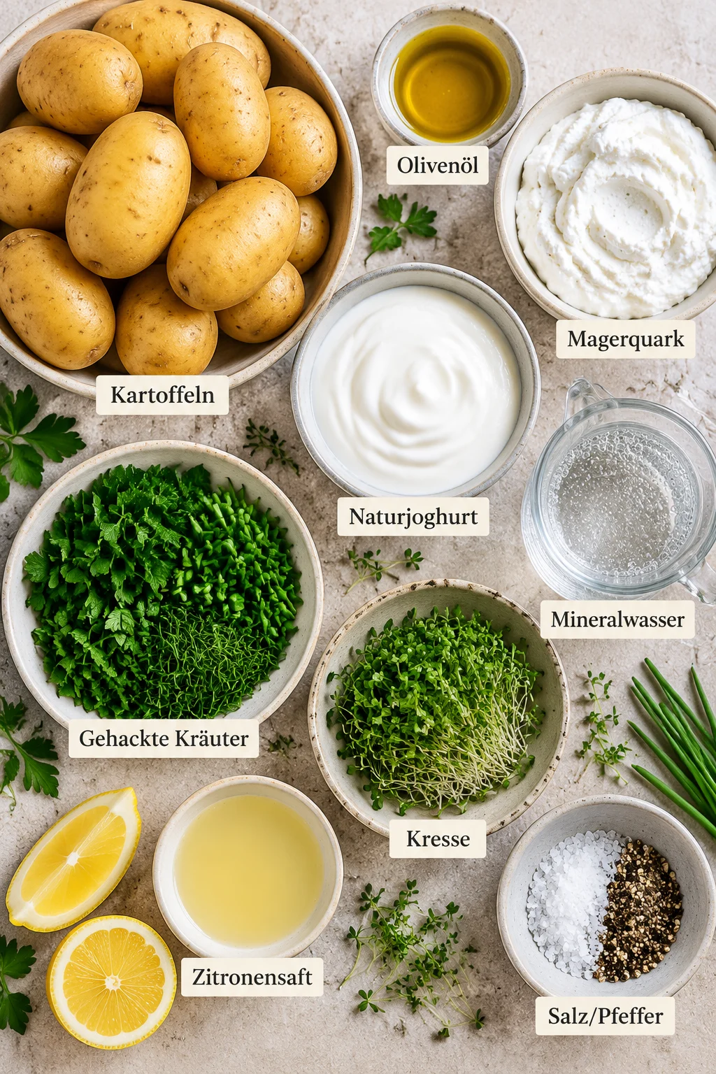 Beschriftete Zutaten für Pellkartoffeln mit Kräuterquark