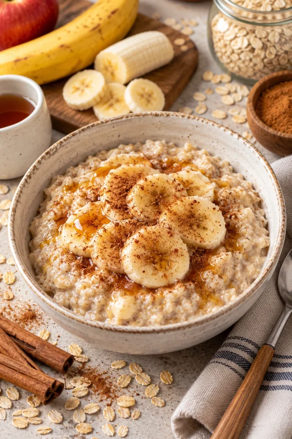 Porridge mit Banane und Zimt, warm serviert.