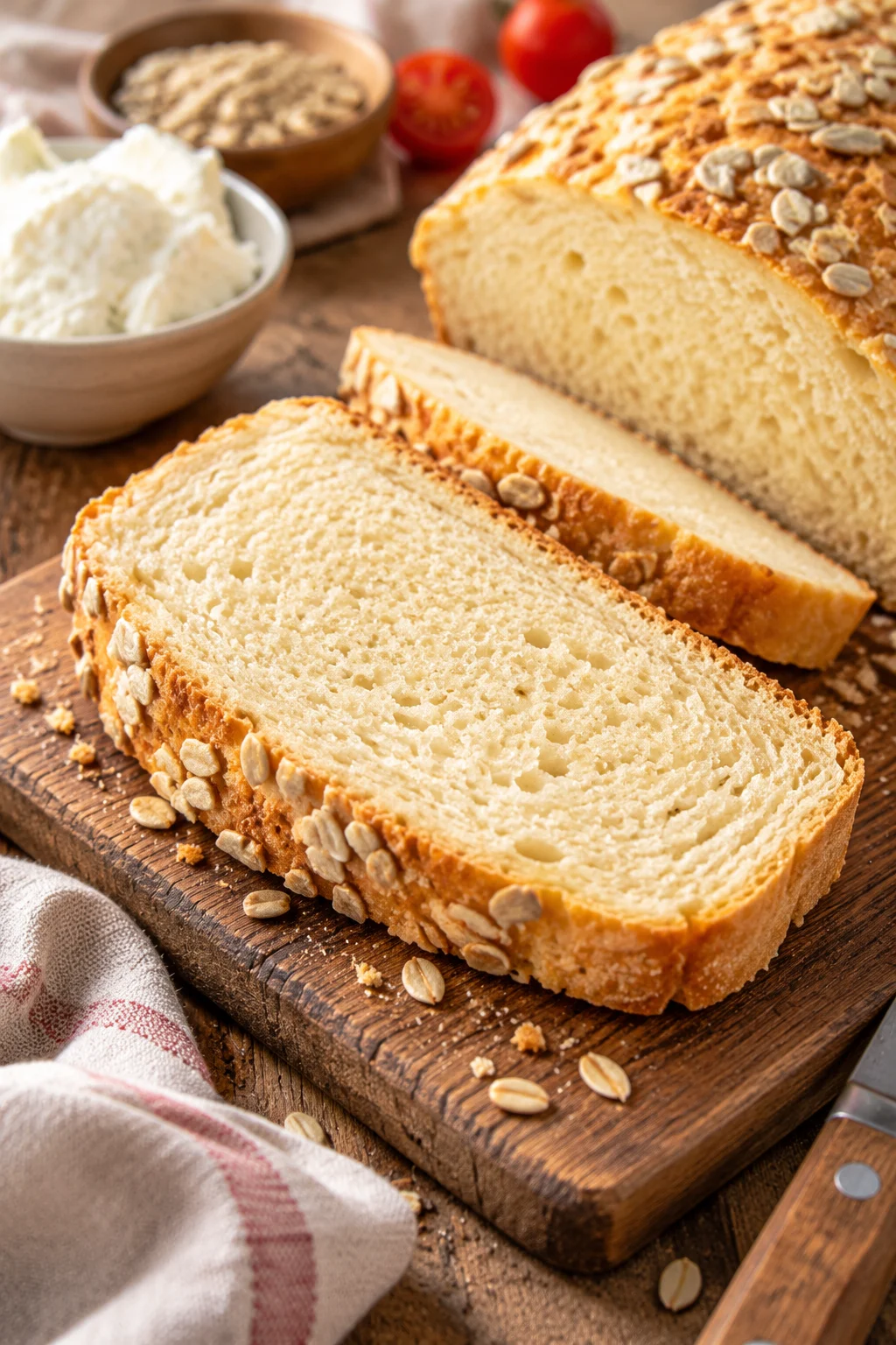 Nahaufnahme eines Stücks Quarkbrot, das seine saftige Textur zeigt.