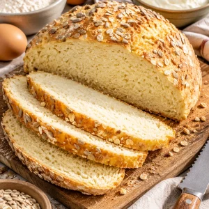 Frisch gebackenes Quarkbrot auf einem Tisch, umgeben von Zutaten.