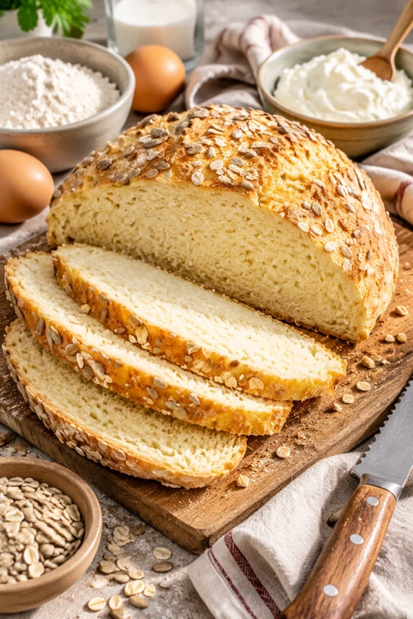Frisch gebackenes Quarkbrot auf einem Tisch, umgeben von Zutaten.