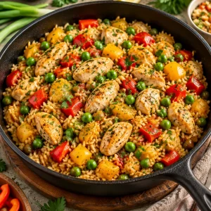 Reispfanne mit Hähnchen, Paprika und Erbsen auf einem Tisch