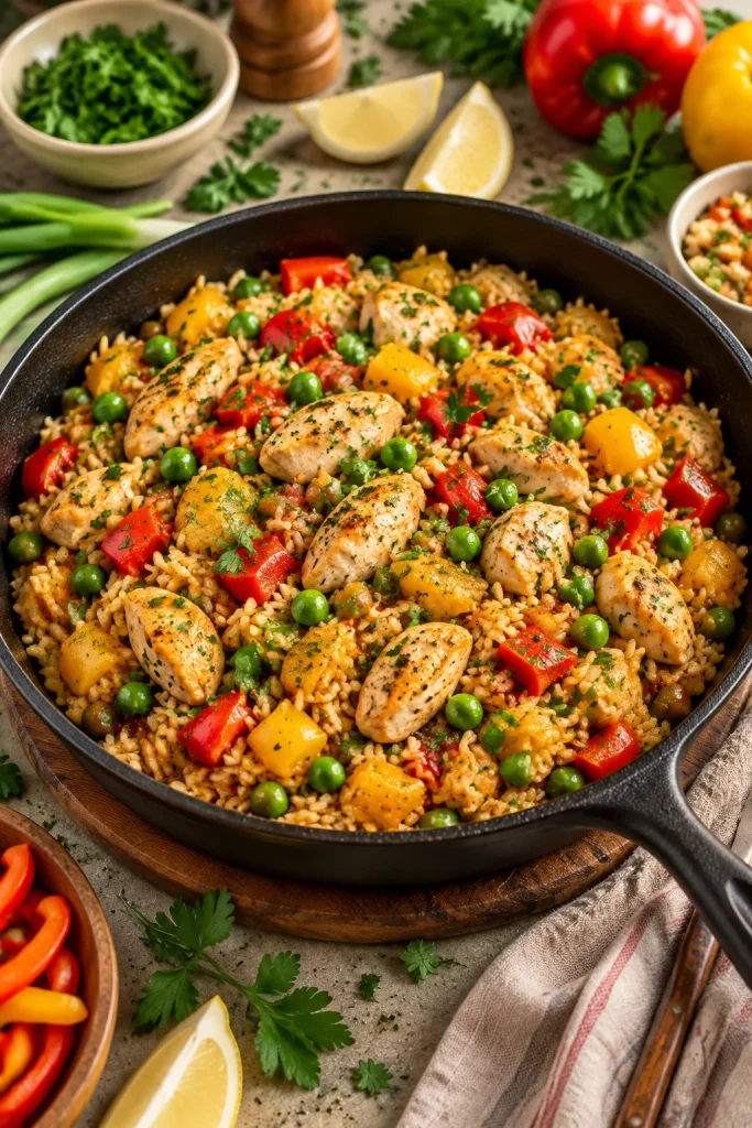 Reispfanne mit Hähnchen, Paprika und Erbsen auf einem Tisch