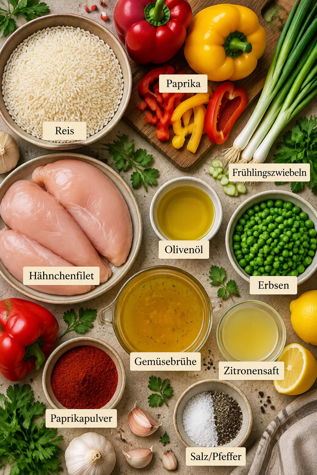 Beschriftete Zutaten für Reispfanne mit Hähnchen