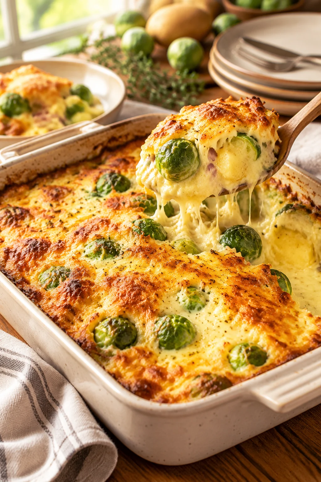 Nahaufnahme von Rosenkohl-Auflauf mit Kartoffeln und Käse beim Servieren