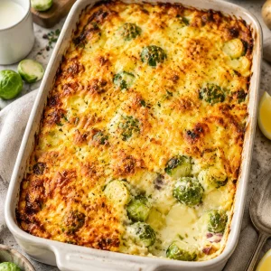 Cremiger Rosenkohl-Auflauf mit Kartoffeln und Käse in einer Auflaufform