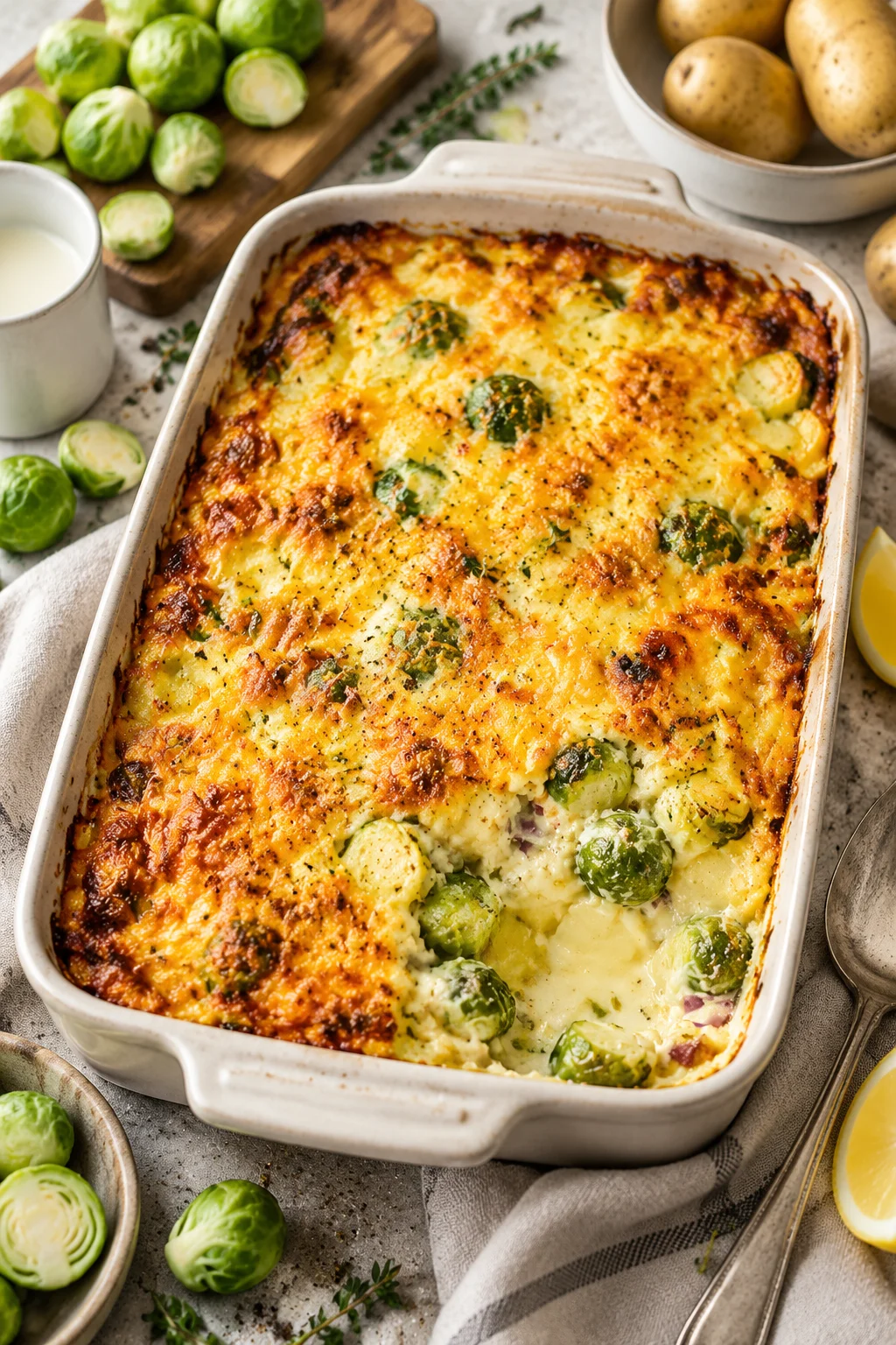 Cremiger Rosenkohl-Auflauf mit Kartoffeln und Käse in einer Auflaufform