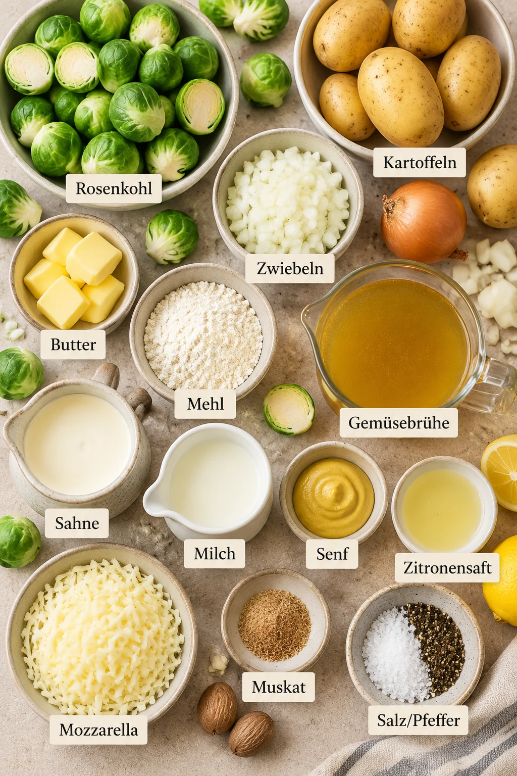 Beschriftete Zutaten für Rosenkohl-Auflauf mit Kartoffeln und Käse auf hellem Untergrund