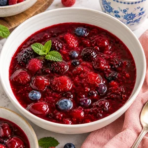 Rote Grütze serviert mit Vanillesoße und frischen Beeren