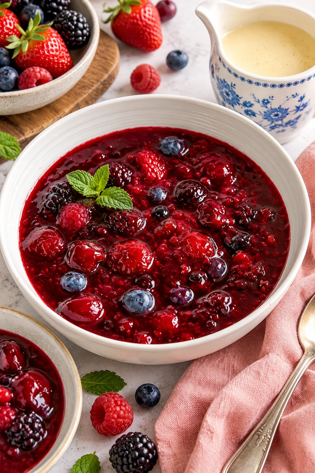 Rote Grütze serviert mit Vanillesoße und frischen Beeren