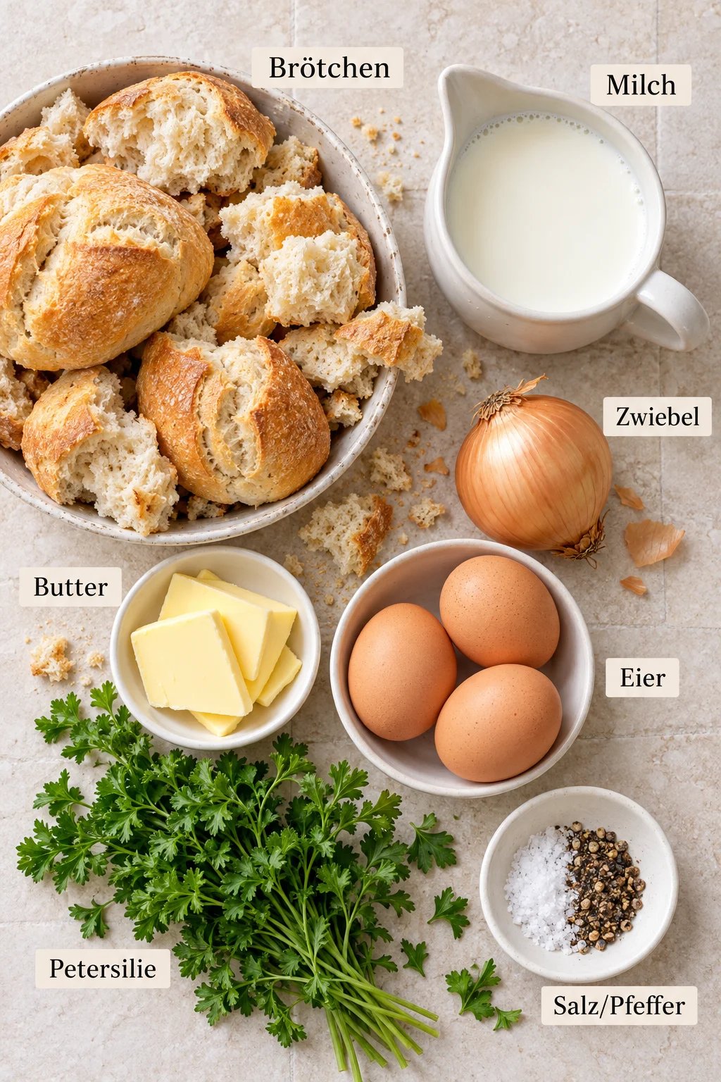 Beschriftete Zutaten für Semmelknödel auf hellem Untergrund