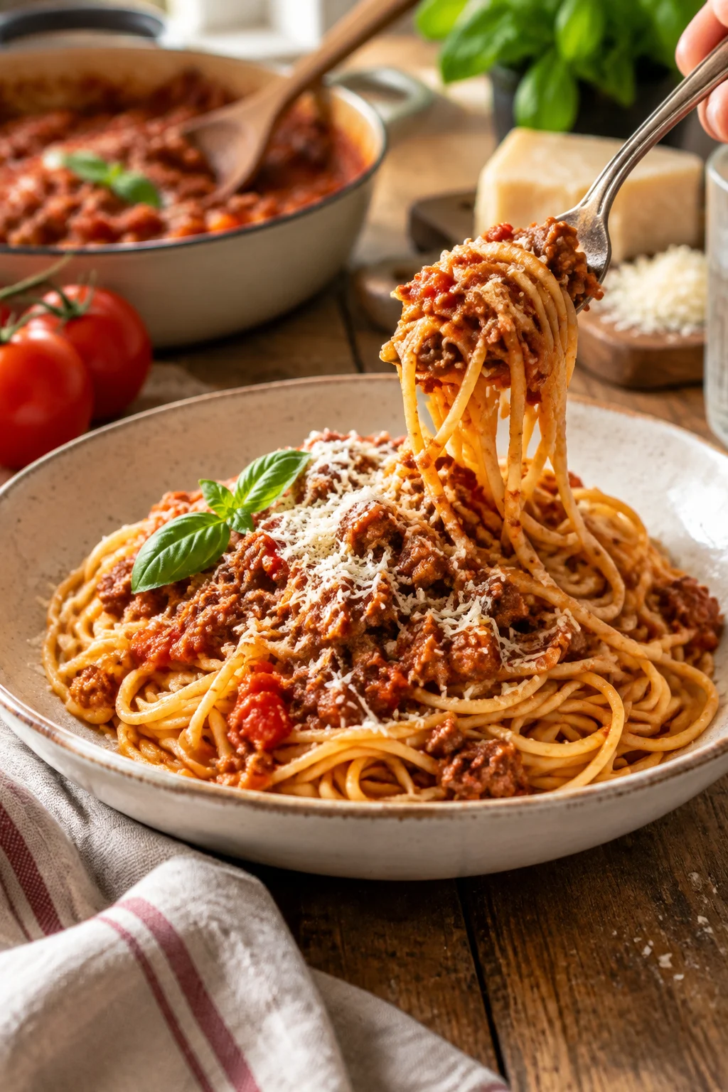 Spaghetti Bolognese serviert am Küchentisch