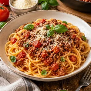 Spaghetti Bolognese mit würziger Sauce und Parmesan