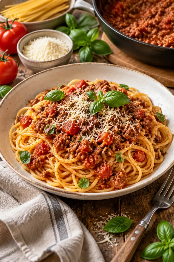 Spaghetti Bolognese mit würziger Sauce und Parmesan