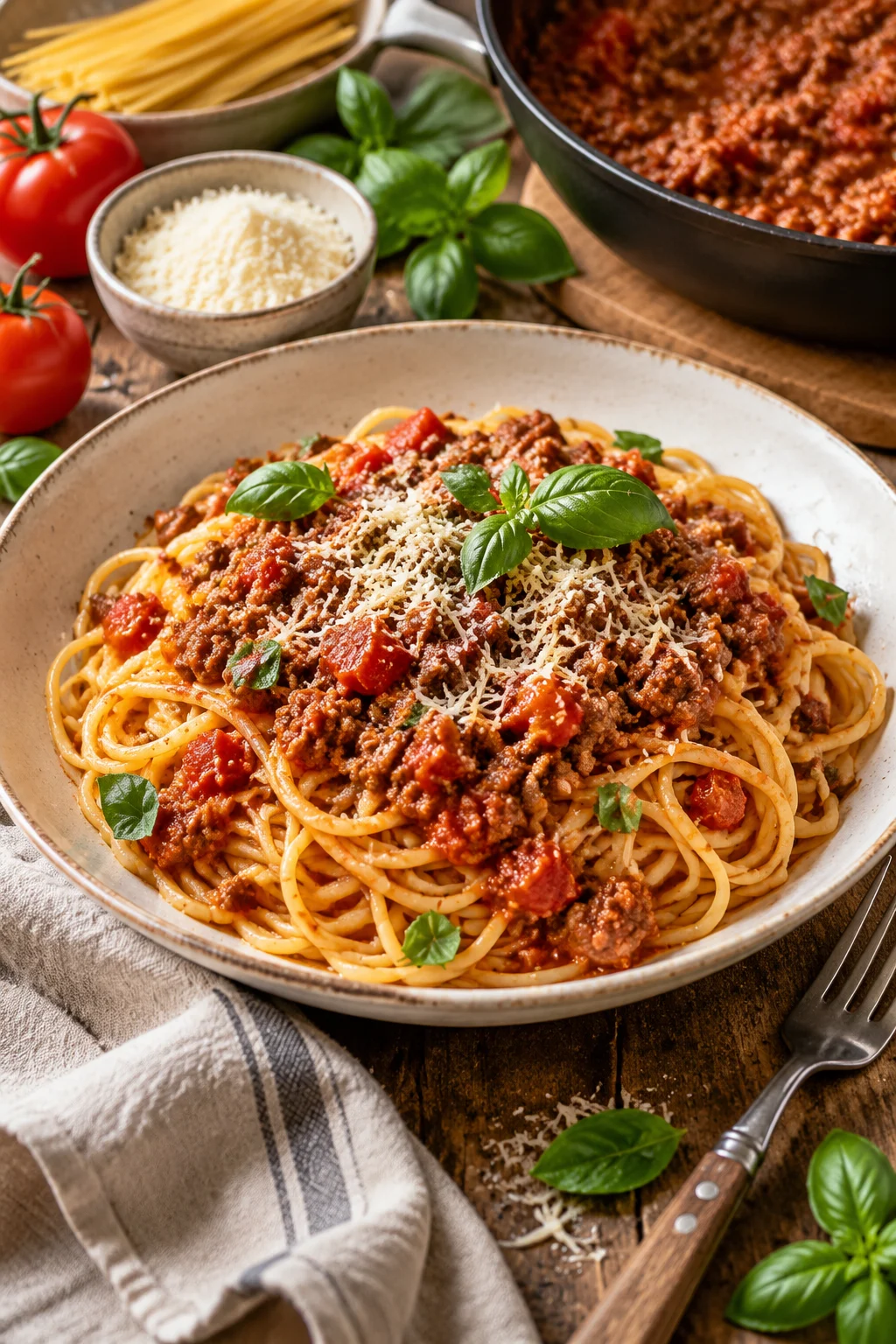 Spaghetti Bolognese mit würziger Sauce und Parmesan